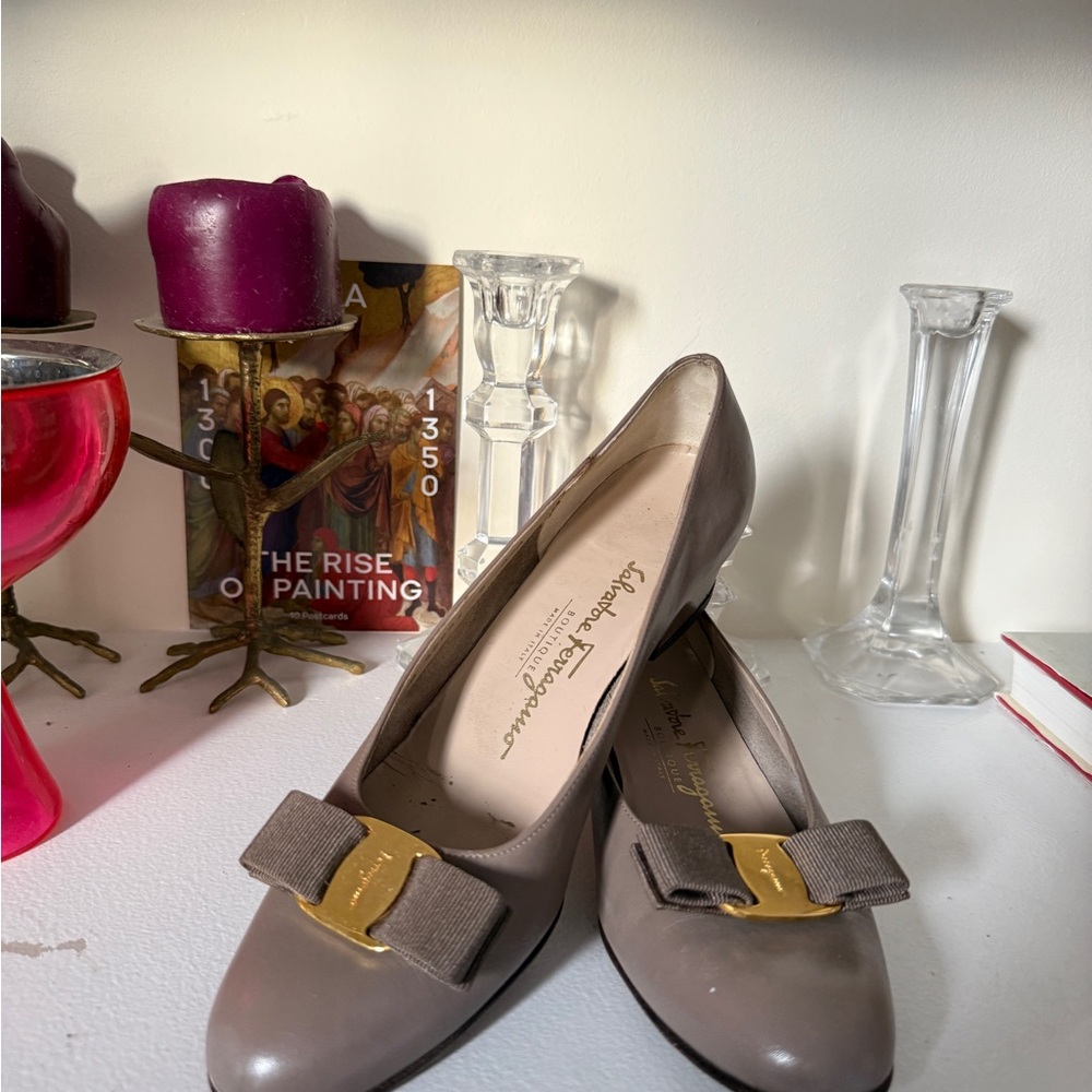 Salvatore Ferragamo Women's Taupe Flats with Gold Bow